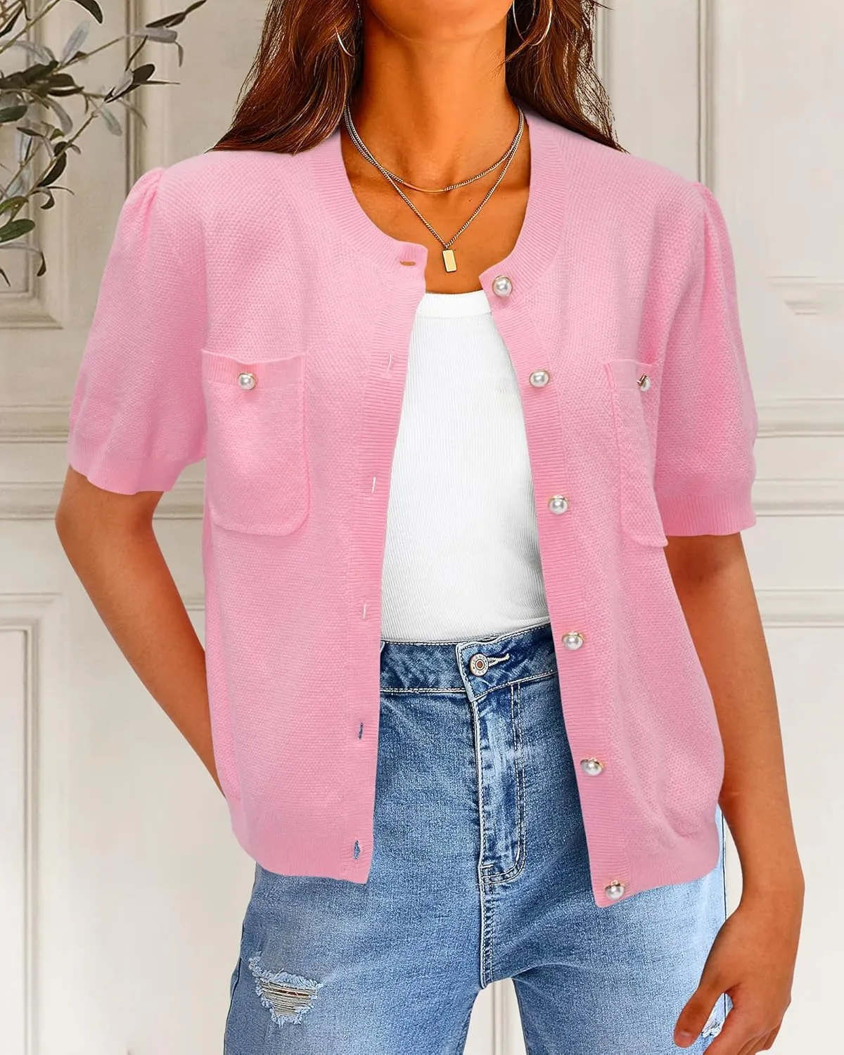 Newshows Womens Summer Cardigan Sweaters Lightweight Short Sleeve Button Down Shirts Ribbed Knit Blouse Tops 2024 Trendy
