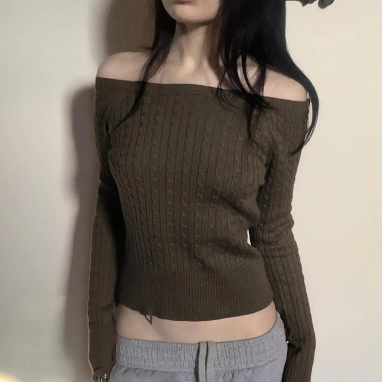 Off Shoulder Knit Sweater, Cable Knit Pullover for Women, Slim Fit Long Sleeve Jumper Crop Tops, Trendy Chic Y2k