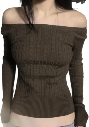 Off Shoulder Knit Sweater, Cable Knit Pullover for Women, Slim Fit Long Sleeve Jumper Crop Tops, Trendy Chic Y2k