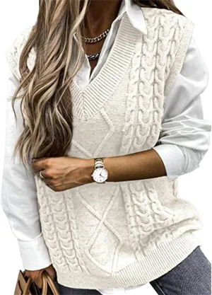Oversized Cable Knit Sweater Vest for Women V Neck Sleeveless Solid Color Loose Pullover Sweaters Loose Trendy Tops