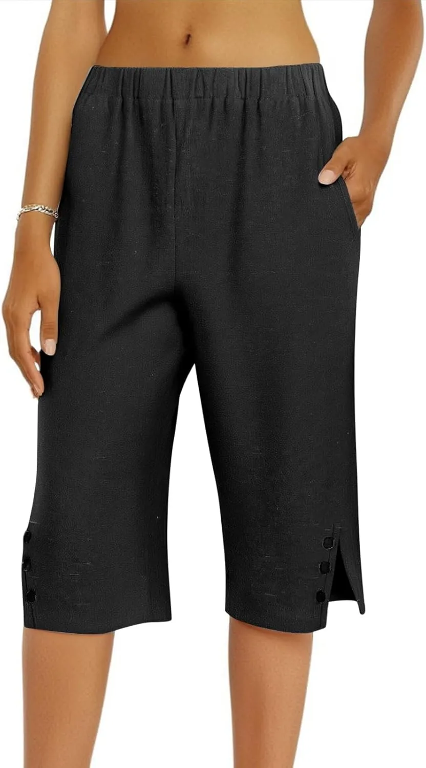 Pedal Pushers for Women 2025 Beach Vacation Wide Leg Capri Pants Loose Comfy High Waisted Short Pants with Pockets