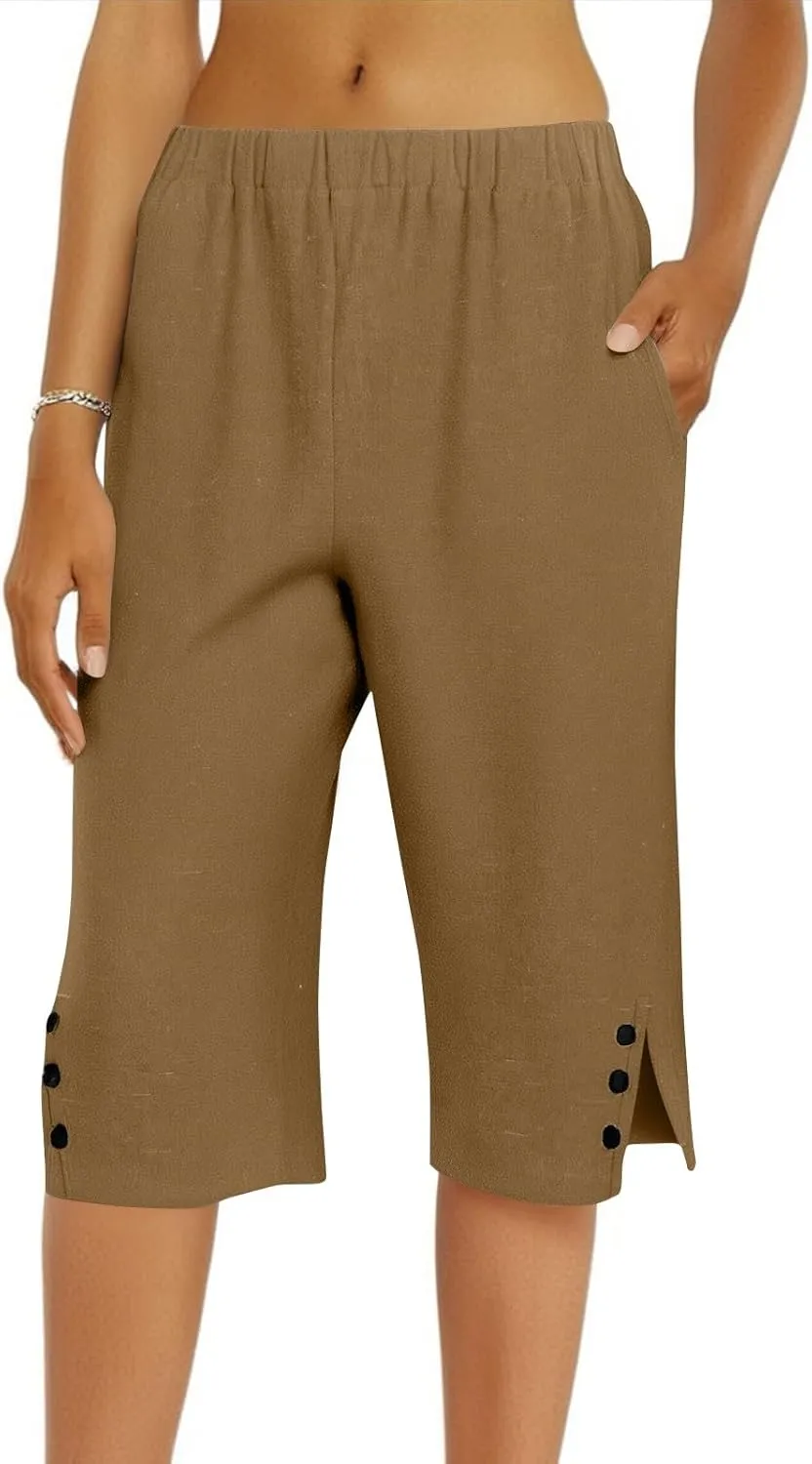 Pedal Pushers for Women 2025 Beach Vacation Wide Leg Capri Pants Loose Comfy High Waisted Short Pants with Pockets