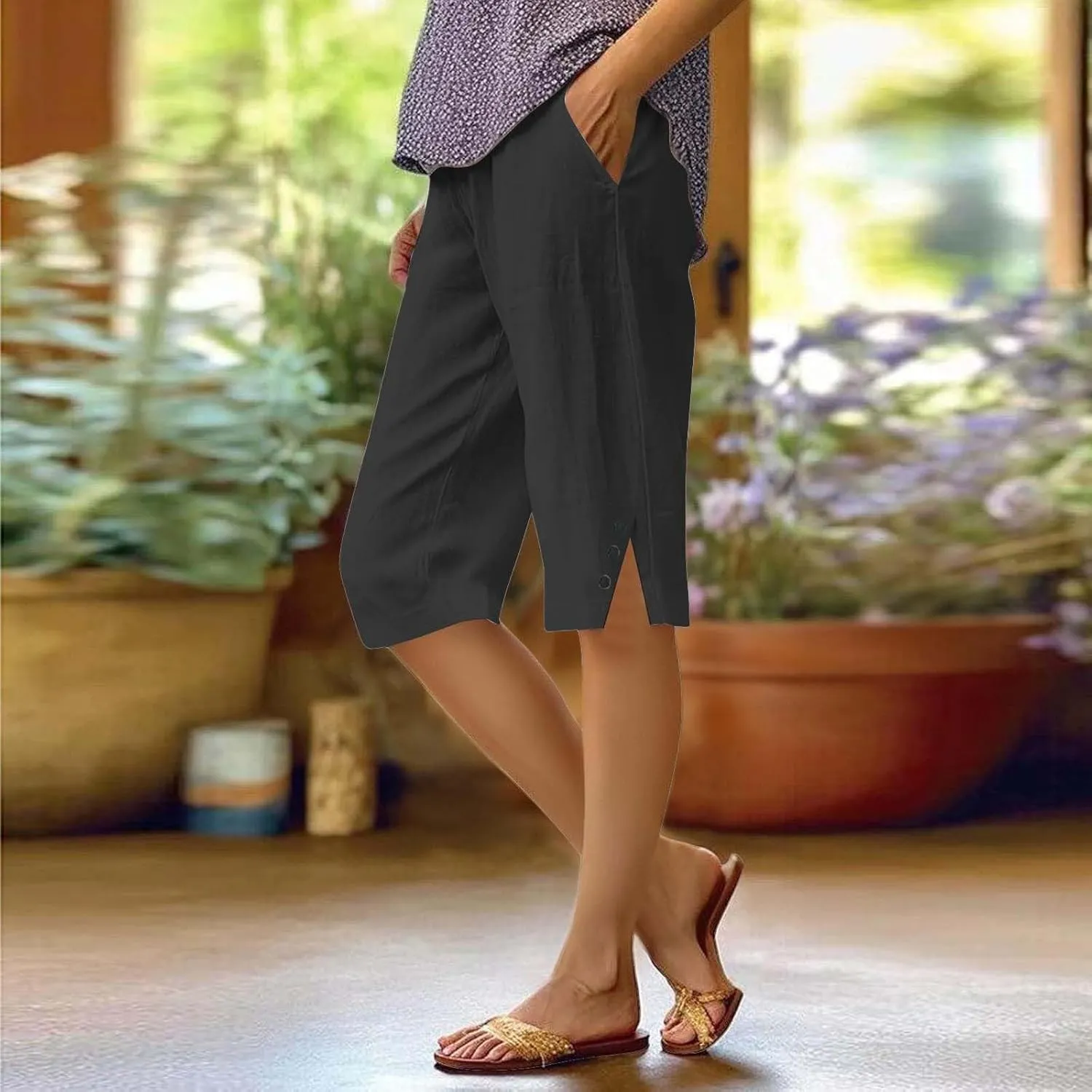 Pedal Pushers for Women Cropped Straight Leg Linen Capri Pants Side Split Casual Summer Cover Up Pants with Pockets