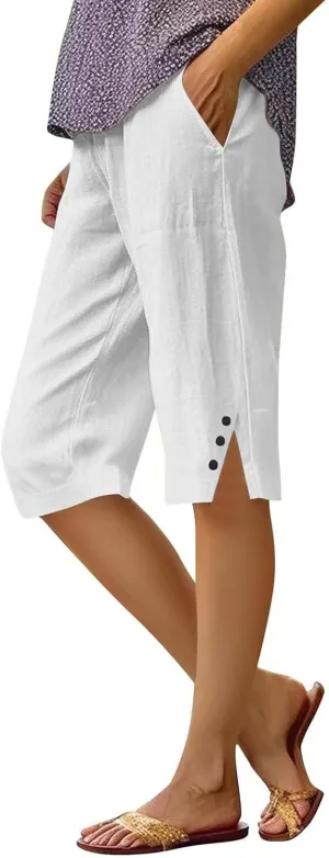 Pedal Pushers for Women Cropped Straight Leg Linen Capri Pants Side Split Casual Summer Cover Up Pants with Pockets