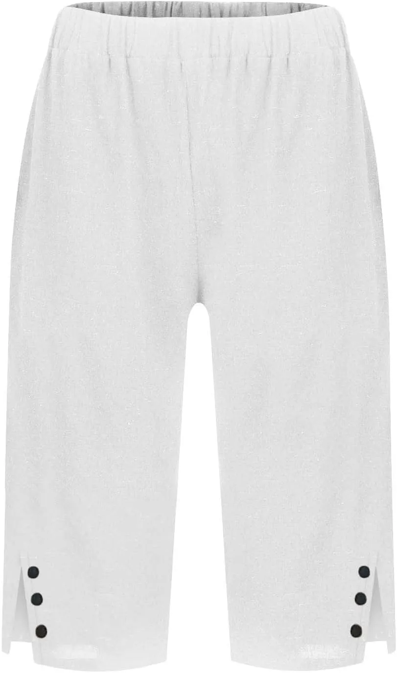 Pedal Pushers for Women Cropped Straight Leg Linen Capri Pants Side Split Casual Summer Cover Up Pants with Pockets