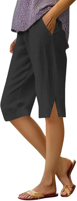 Pedal Pushers for Women Cropped Straight Leg Linen Capri Pants Side Split Casual Summer Cover Up Pants with Pockets