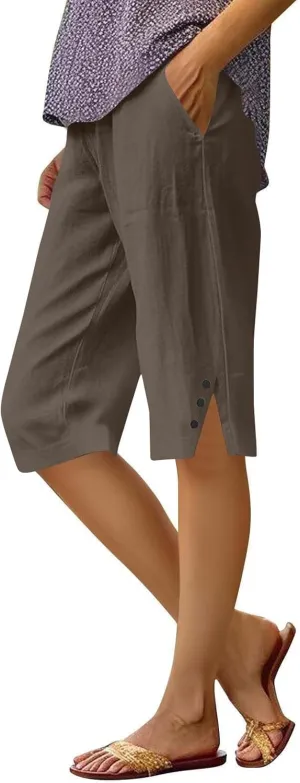 Pedal Pushers for Women Cropped Straight Leg Linen Capri Pants Side Split Casual Summer Cover Up Pants with Pockets