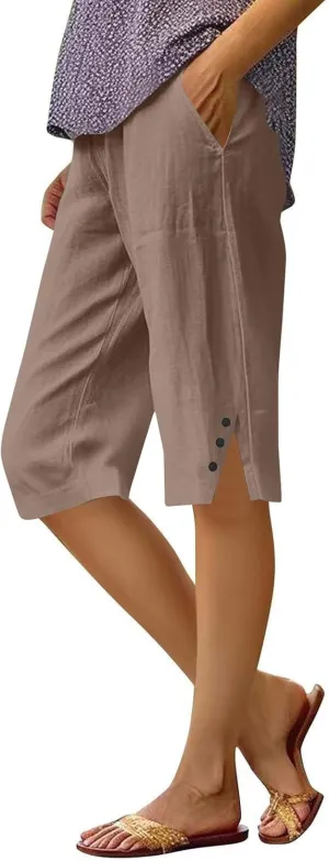Pedal Pushers for Women Cropped Straight Leg Linen Capri Pants Side Split Casual Summer Cover Up Pants with Pockets
