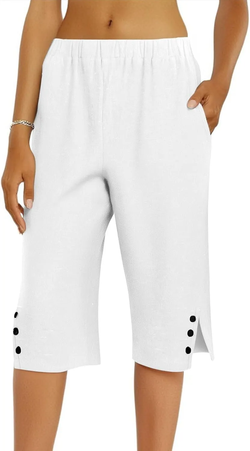 Pedal Pushers for Women Cropped Straight Leg Linen Capri Pants Side Split Casual Summer Cover Up Pants with Pockets