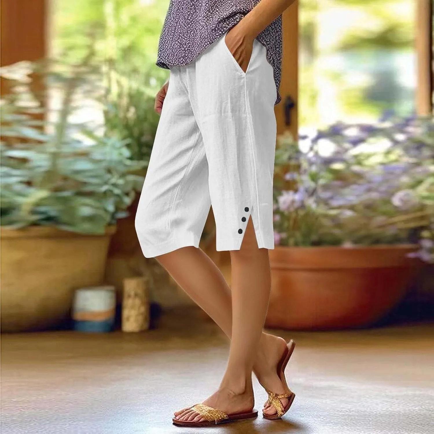 Pedal Pushers for Women Cropped Straight Leg Linen Capri Pants Side Split Casual Summer Cover Up Pants with Pockets