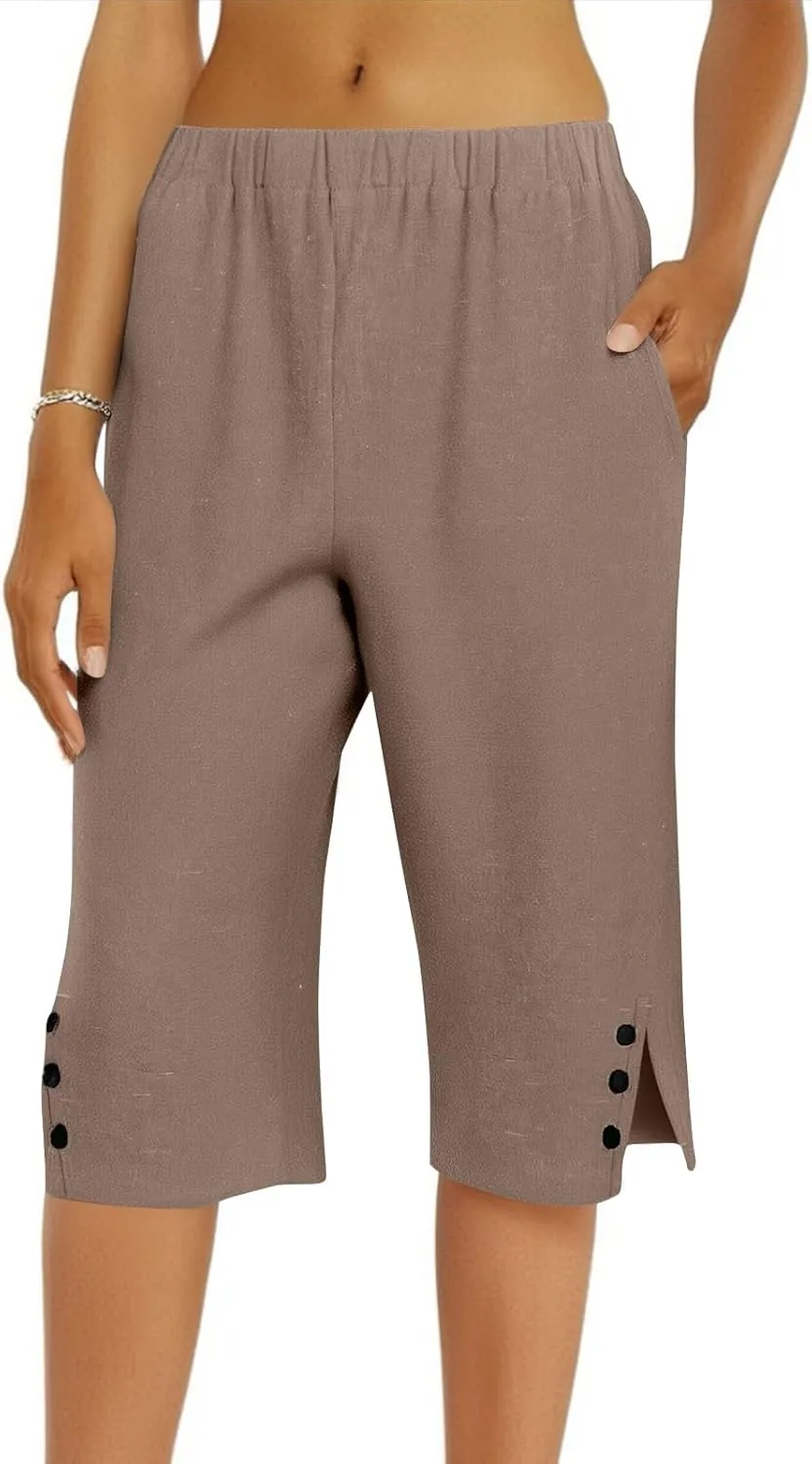 Pedal Pushers for Women Cropped Straight Leg Linen Capri Pants Side Split Casual Summer Cover Up Pants with Pockets