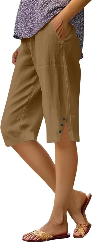 Pedal Pushers for Women Cropped Straight Leg Linen Capri Pants Side Split Casual Summer Cover Up Pants with Pockets