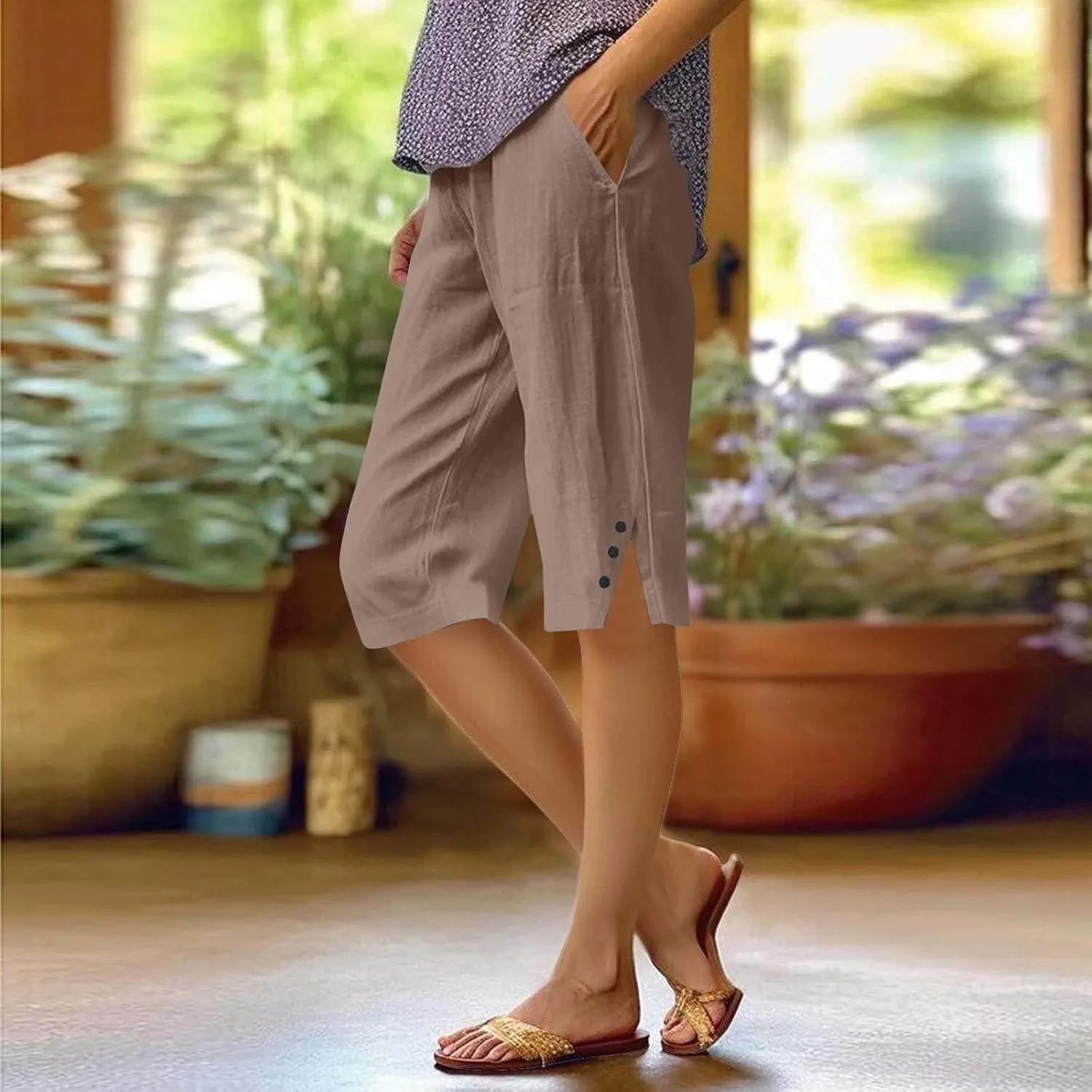Pedal Pushers for Women Cropped Straight Leg Linen Capri Pants Side Split Casual Summer Cover Up Pants with Pockets