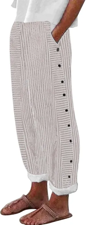 Plus Size Capris for Women Striped Floral Printed Cotton Linen Pants Lightweight Casual Trousers with Pockets