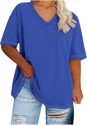 Plus Size Oversized T Shirts Women Fahsion V Neck Short Sleeve Drop Shoulder Tshirt Casual Summer Tunic Tops