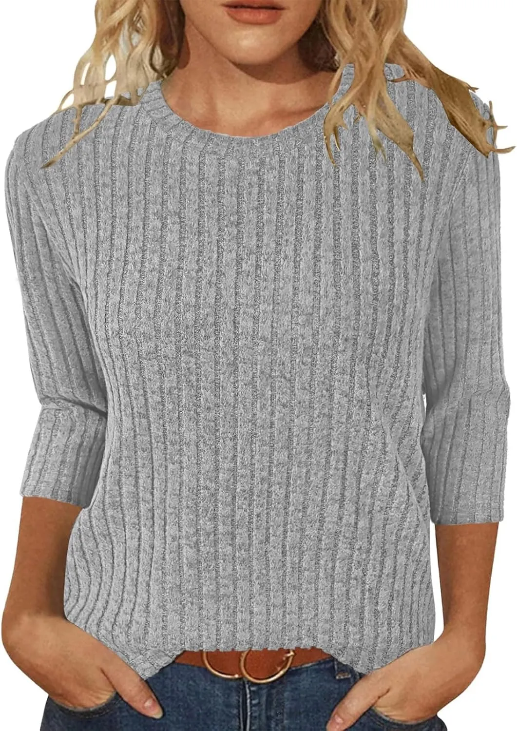 Plus Size Tops for Women 3/4 Sleeve Winter Ribbed Knit Oversized Shirts Light Sweaters Sweatshirts 2024