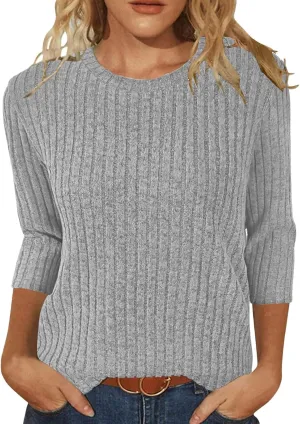 Plus Size Tops for Women 3/4 Sleeve Winter Ribbed Knit Oversized Shirts Light Sweaters Sweatshirts 2024