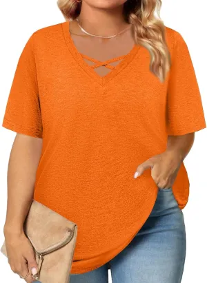 Plus Size Tops for Women Short Sleeve Summer Pullover Criss Cross Sexy V Neck Tshirt Tunic Loose Fit Tee Shirts XL-5XL