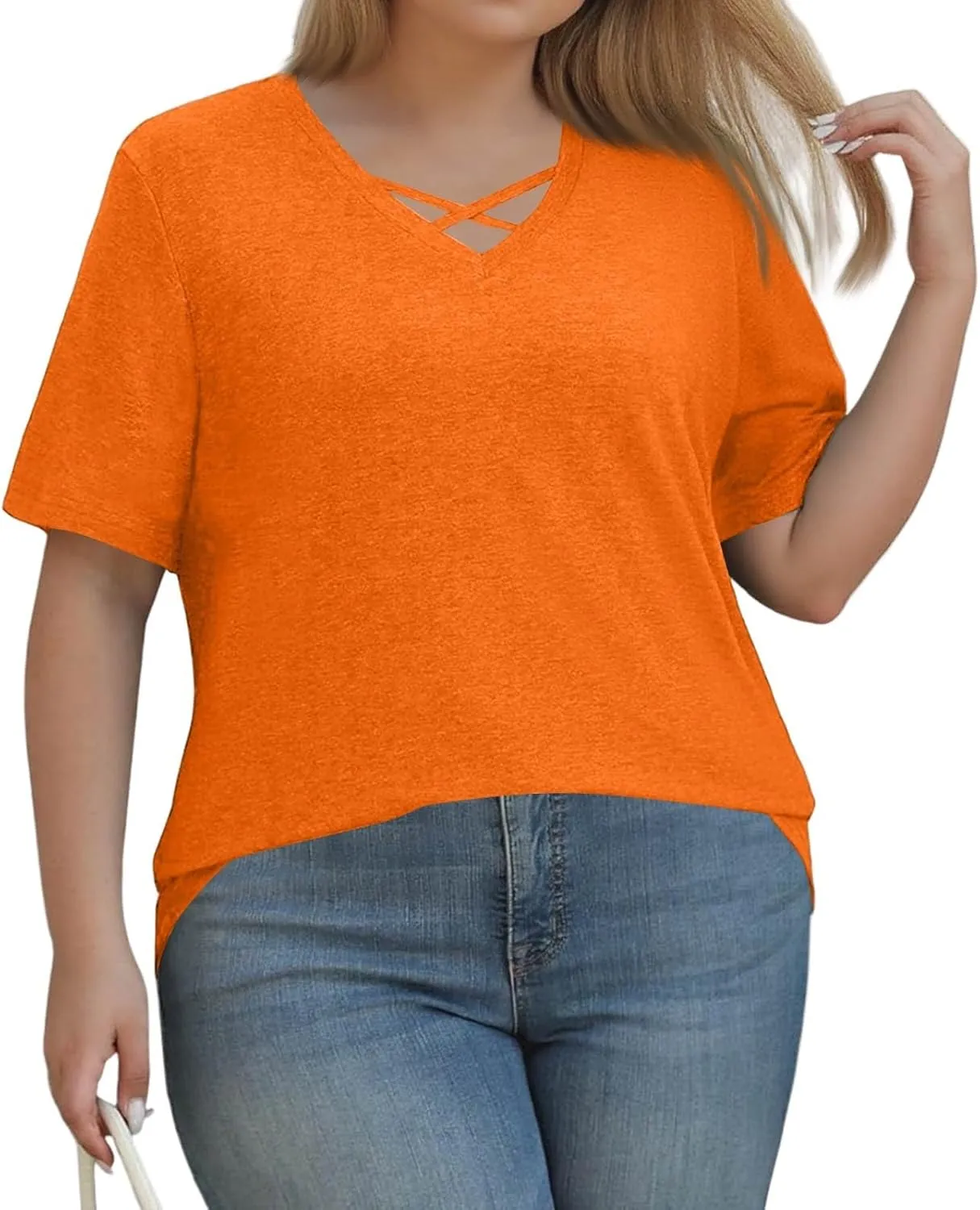 Plus Size Tops for Women Short Sleeve Summer Pullover Criss Cross Sexy V Neck Tshirt Tunic Loose Fit Tee Shirts XL-5XL