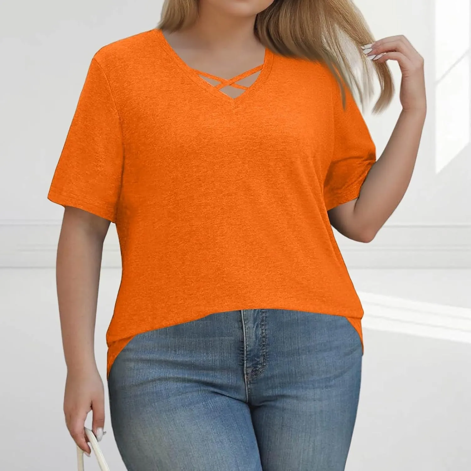 Plus Size Tops for Women Short Sleeve Summer Pullover Criss Cross Sexy V Neck Tshirt Tunic Loose Fit Tee Shirts XL-5XL