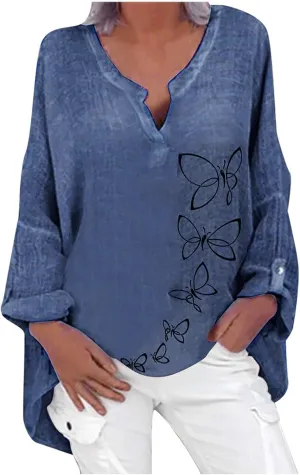 Plus Size Tops for Women Summer Boho Womens Long Sleeve Cotton Linen Kaftan Ladies Baggy Blouse Tee Shirt Tops