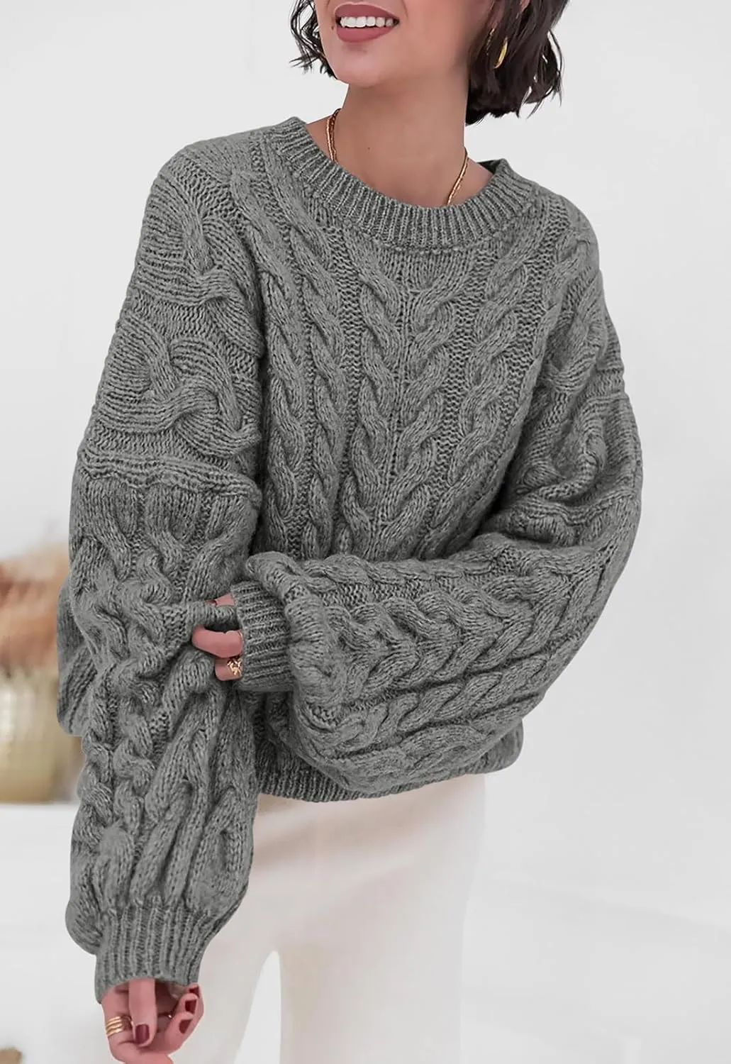 PRETTYGARDEN Womens Sweaters Spring 2025 Cable Knit Long Sleeve Crewneck Oversized Sweater Chunky Pullover Loose Outfits
