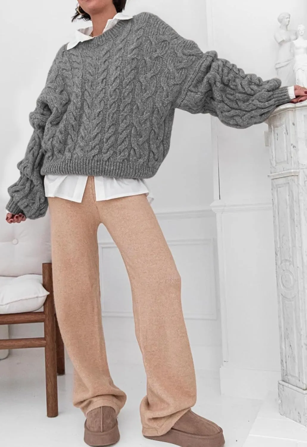 PRETTYGARDEN Womens Sweaters Spring 2025 Cable Knit Long Sleeve Crewneck Oversized Sweater Chunky Pullover Loose Outfits