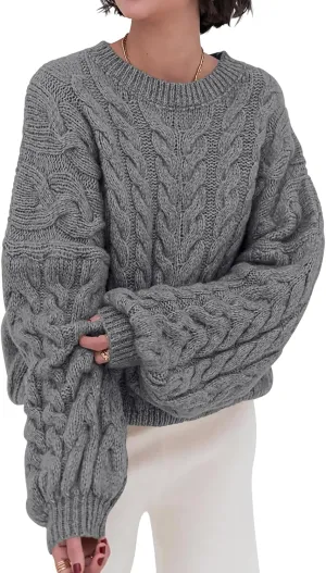 PRETTYGARDEN Womens Sweaters Spring 2025 Cable Knit Long Sleeve Crewneck Oversized Sweater Chunky Pullover Loose Outfits
