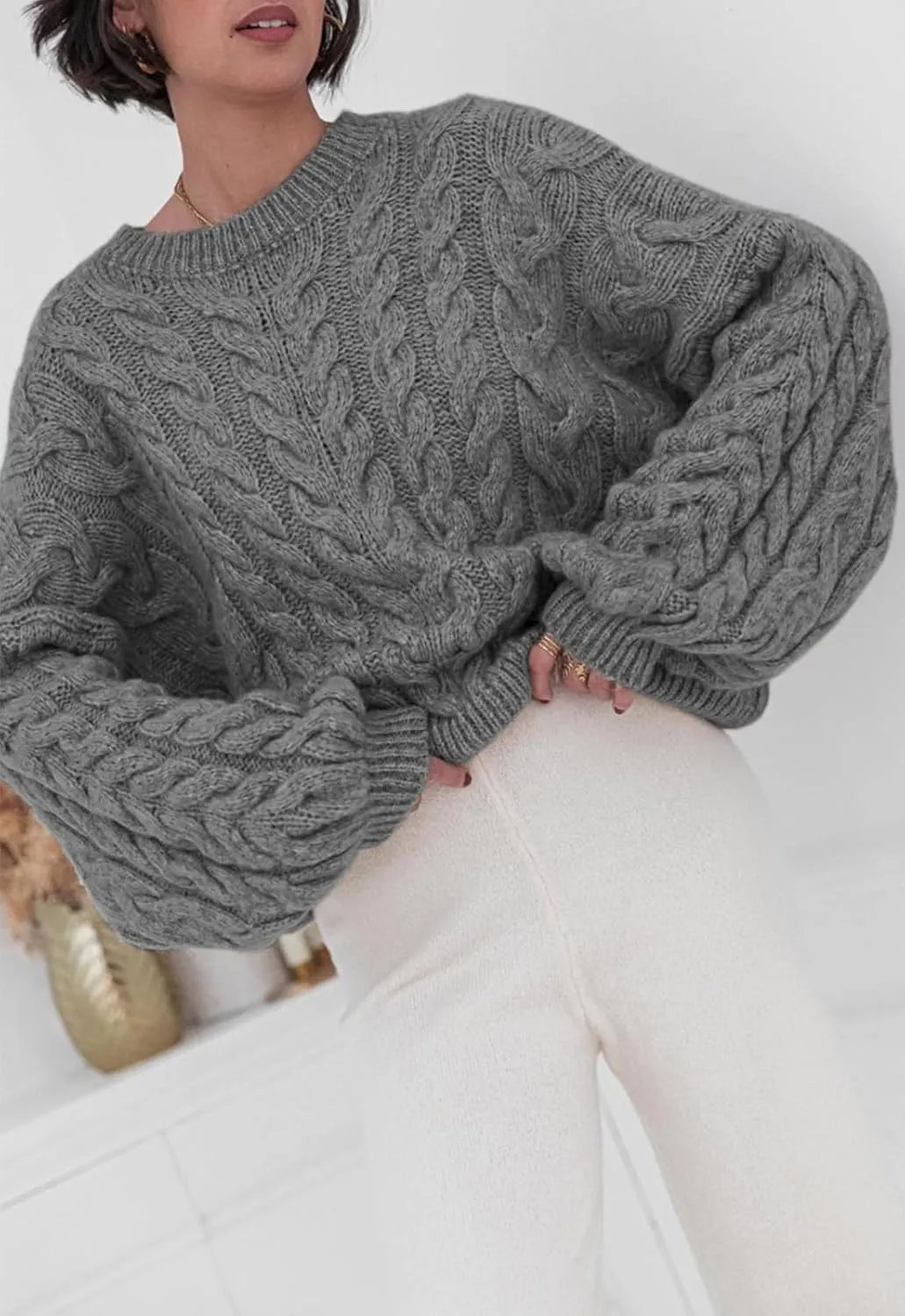 PRETTYGARDEN Womens Sweaters Spring 2025 Cable Knit Long Sleeve Crewneck Oversized Sweater Chunky Pullover Loose Outfits