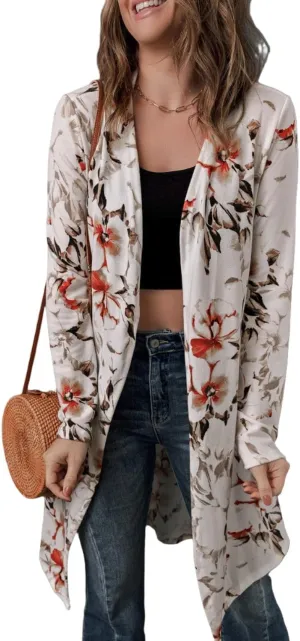 Printed Open Front Longline Cardigan White-Floral/S/Adults