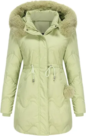 Puffer Jacket Womens Warm Winter Down Coats Long Length Quilted Maxi Puffer Solid Color Zip Jackets with Fur Hood