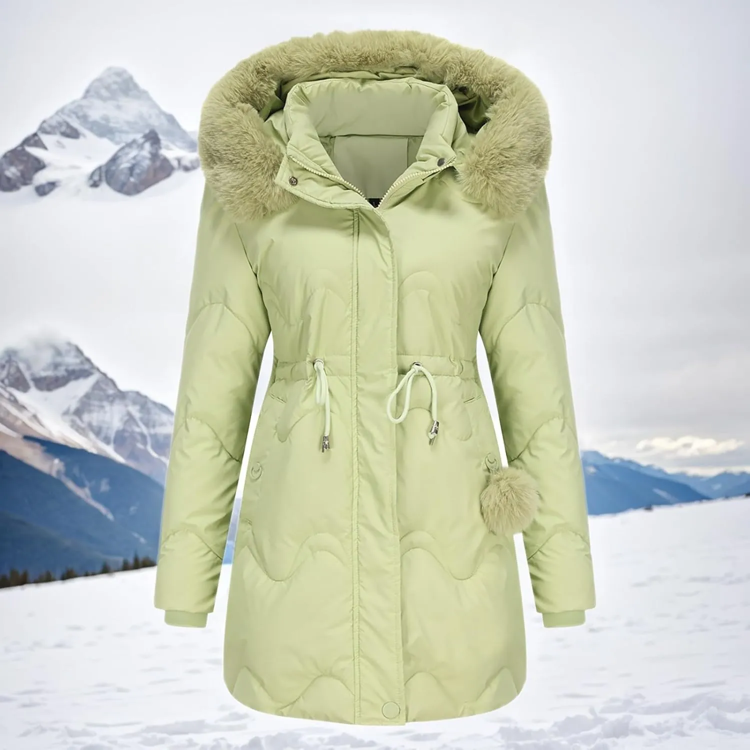 Puffer Jacket Womens Warm Winter Down Coats Long Length Quilted Maxi Puffer Solid Color Zip Jackets with Fur Hood