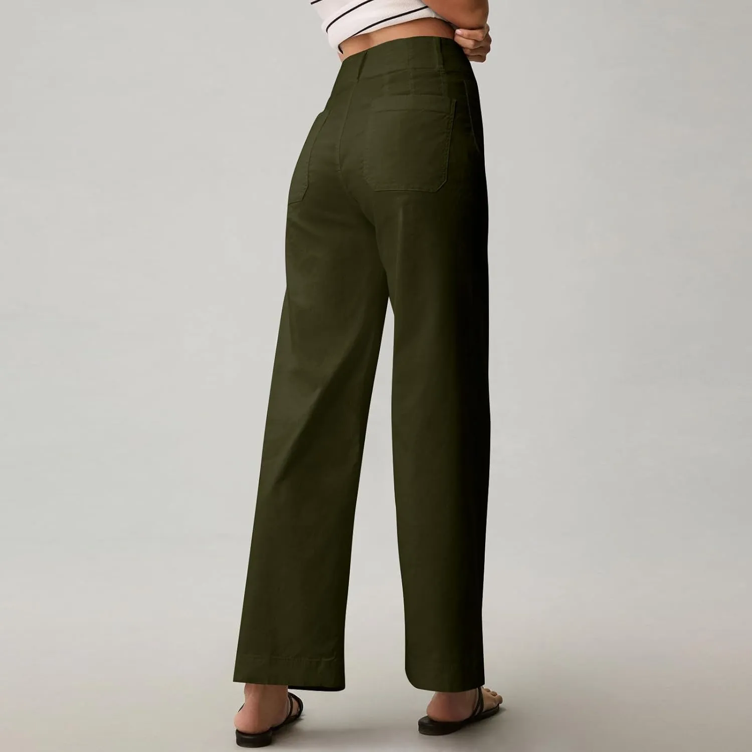 Pull-On Chino Pants Women Casual Business Cropped Work Pants High Waisted Casual Straight Leg Ankle Pants w/Pockets