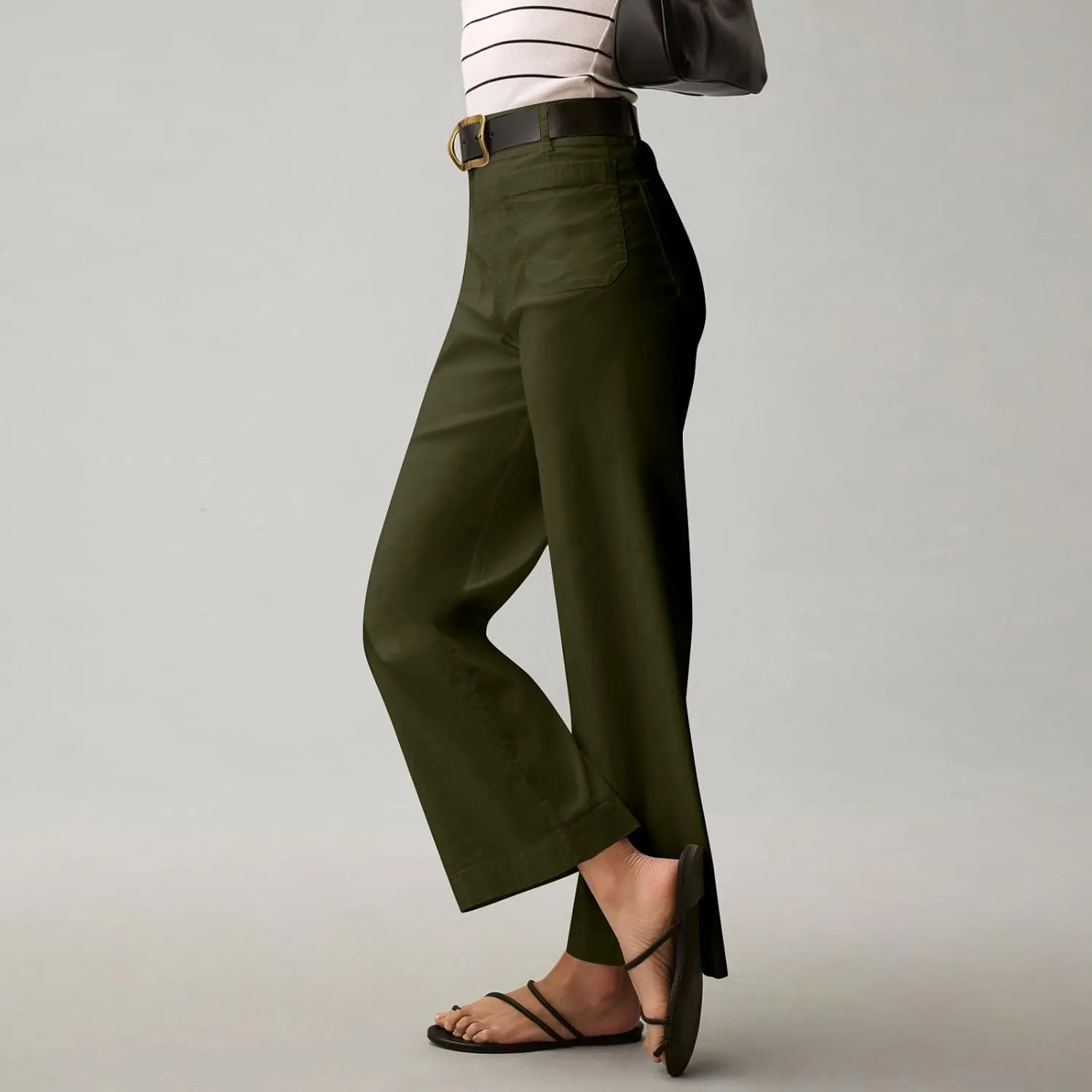 Pull-On Chino Pants Women Casual Business Cropped Work Pants High Waisted Casual Straight Leg Ankle Pants w/Pockets