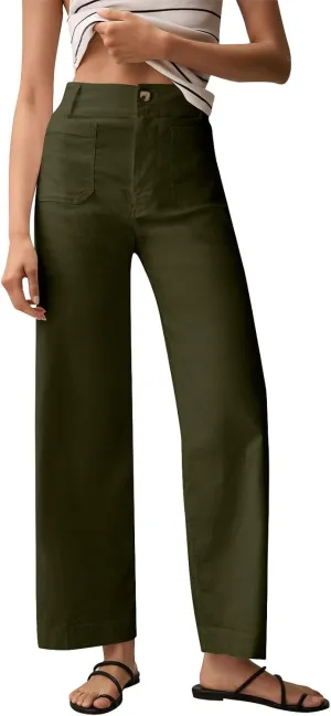 Pull-On Chino Pants Women Casual Business Cropped Work Pants High Waisted Casual Straight Leg Ankle Pants w/Pockets