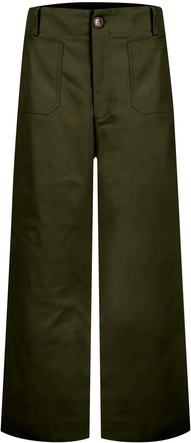 Pull-On Chino Pants Women Casual Business Cropped Work Pants High Waisted Casual Straight Leg Ankle Pants w/Pockets