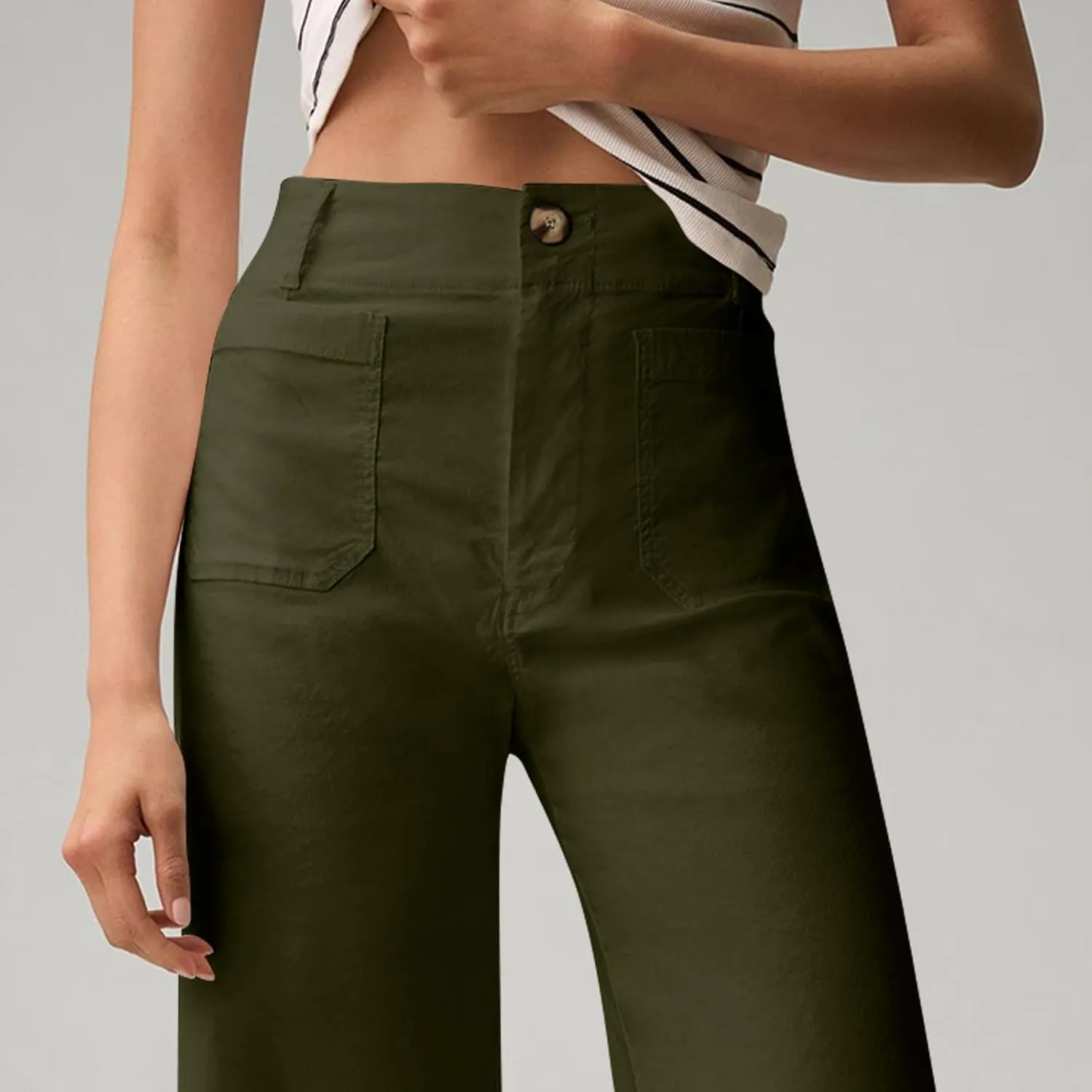 Pull-On Chino Pants Women Casual Business Cropped Work Pants High Waisted Casual Straight Leg Ankle Pants w/Pockets