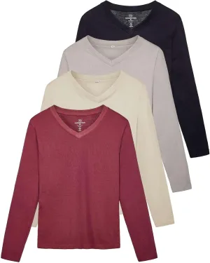Real Essentials 4 Pack: Women's V-Neck Cotton Long-Sleeve T-Shirt (Available in Plus Size)