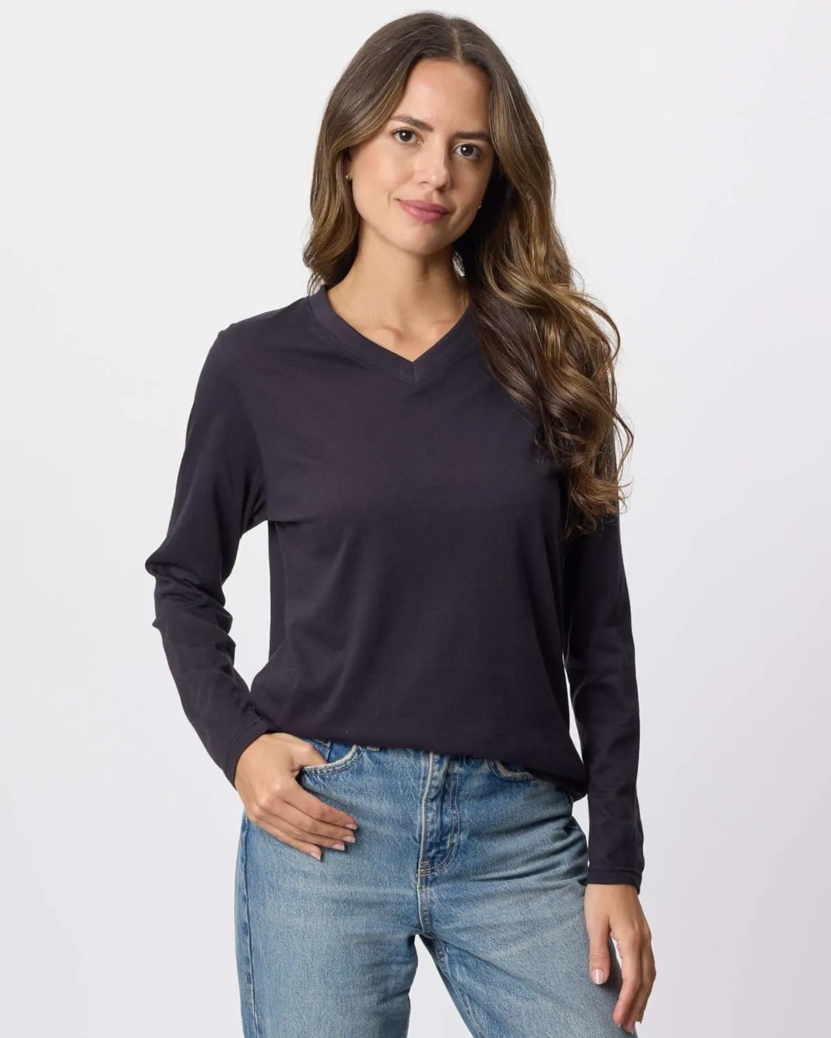 Real Essentials 4 Pack: Women's V-Neck Cotton Long-Sleeve T-Shirt (Available in Plus Size)