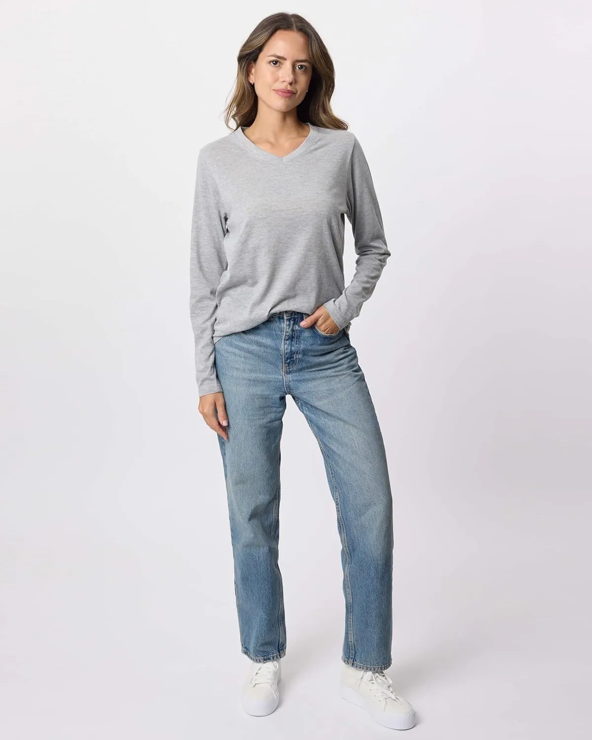 Real Essentials 4 Pack: Women's V-Neck Cotton Long-Sleeve T-Shirt (Available in Plus Size)