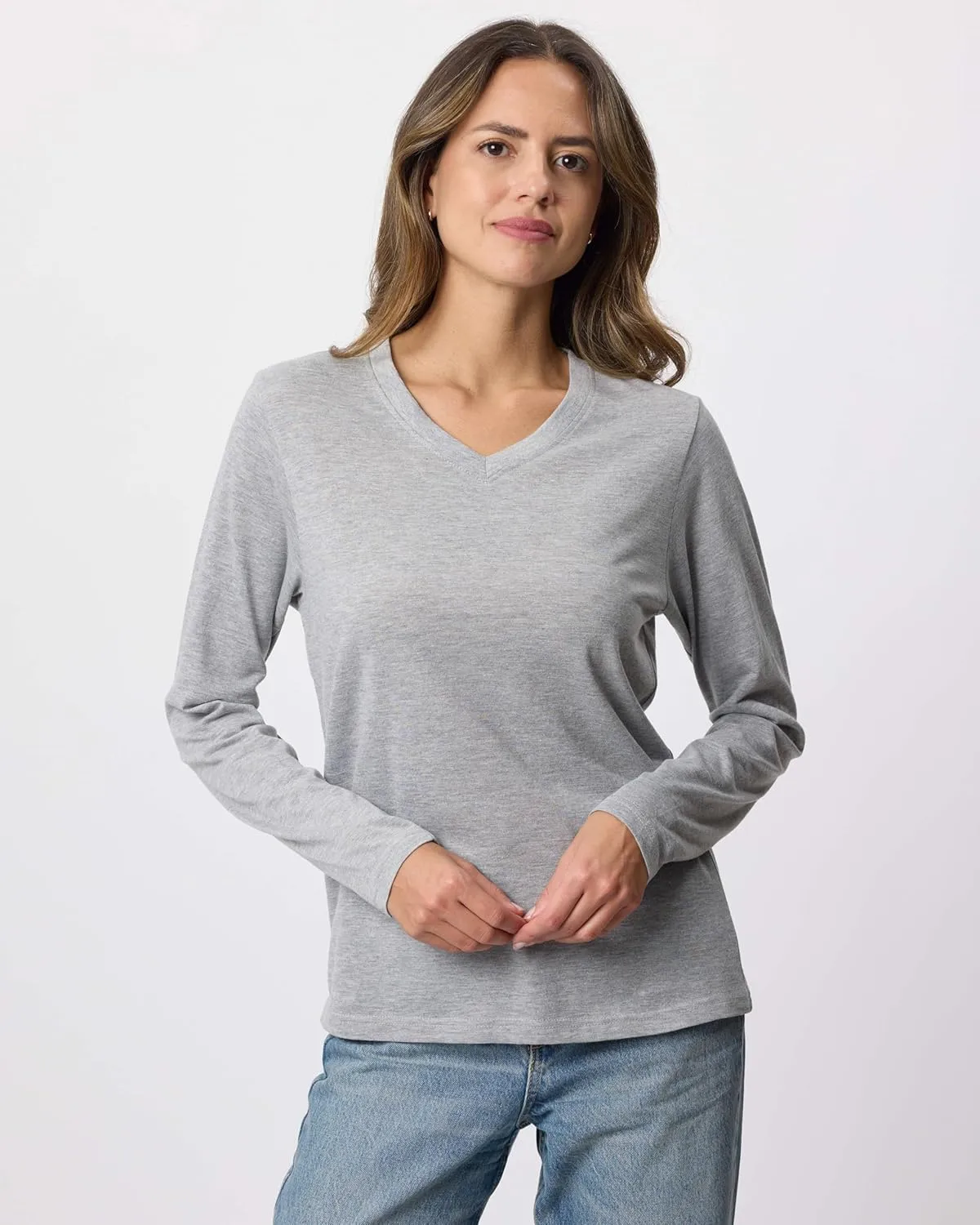 Real Essentials 4 Pack: Women's V-Neck Cotton Long-Sleeve T-Shirt (Available in Plus Size)