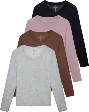 Real Essentials 4 Pack: Women's V-Neck Cotton Long-Sleeve T-Shirt (Available in Plus Size)
