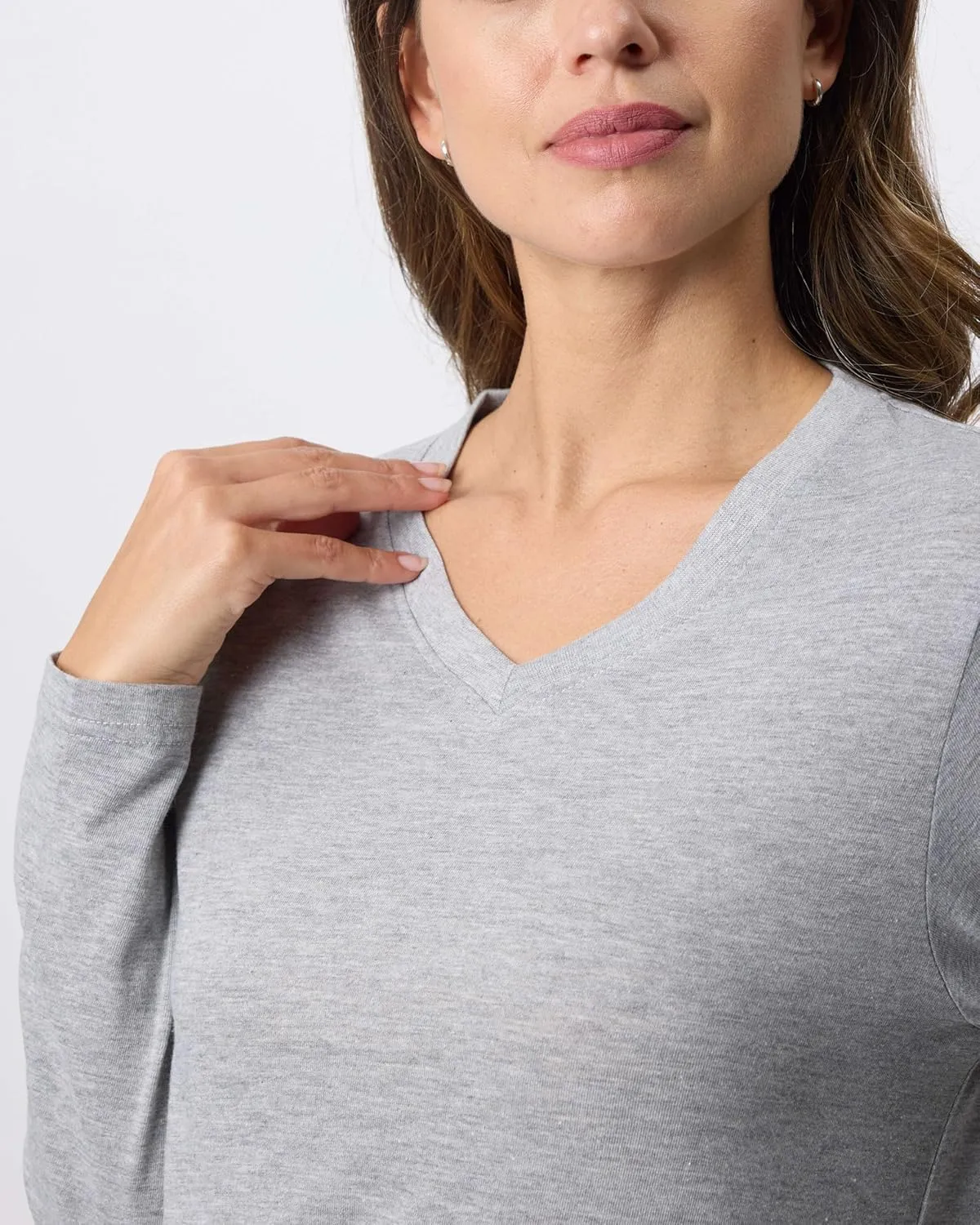 Real Essentials 4 Pack: Women's V-Neck Cotton Long-Sleeve T-Shirt (Available in Plus Size)