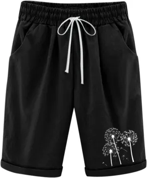 Rvidbe Bermuda Shorts for Women Knee Length High Waisted Trendy Casual Lightweight Elastic Waist Cotton Linen Shorts Pockets Women Bermuda Shorts Jeans Shorts for Women Trendy