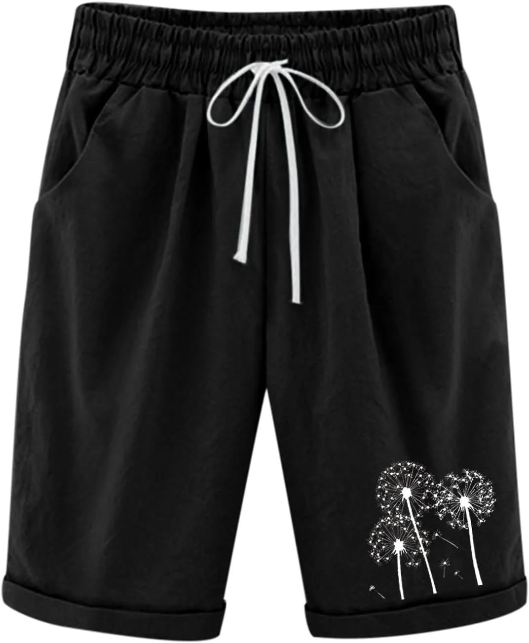 Rvidbe Bermuda Shorts for Women Knee Length High Waisted Trendy Casual Lightweight Elastic Waist Cotton Linen Shorts Pockets Women Bermuda Shorts Jeans Shorts for Women Trendy