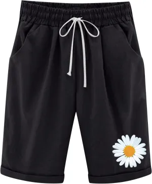 Rvidbe Bermuda Shorts for Women Knee Length High Waisted Trendy Casual Loose Fit Cotton Shorts Elastic Waist Shorts Pockets Women's Bermuda Shorts Denim Shorts for Women Trendy