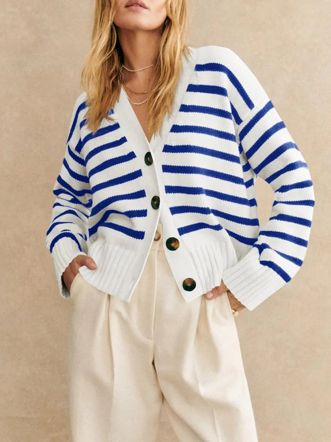 Saodimallsu Womens Striped Cardigan Sweaters V Neck Button Down Long Sleeve Open Front Ribbed Knit Outerwear