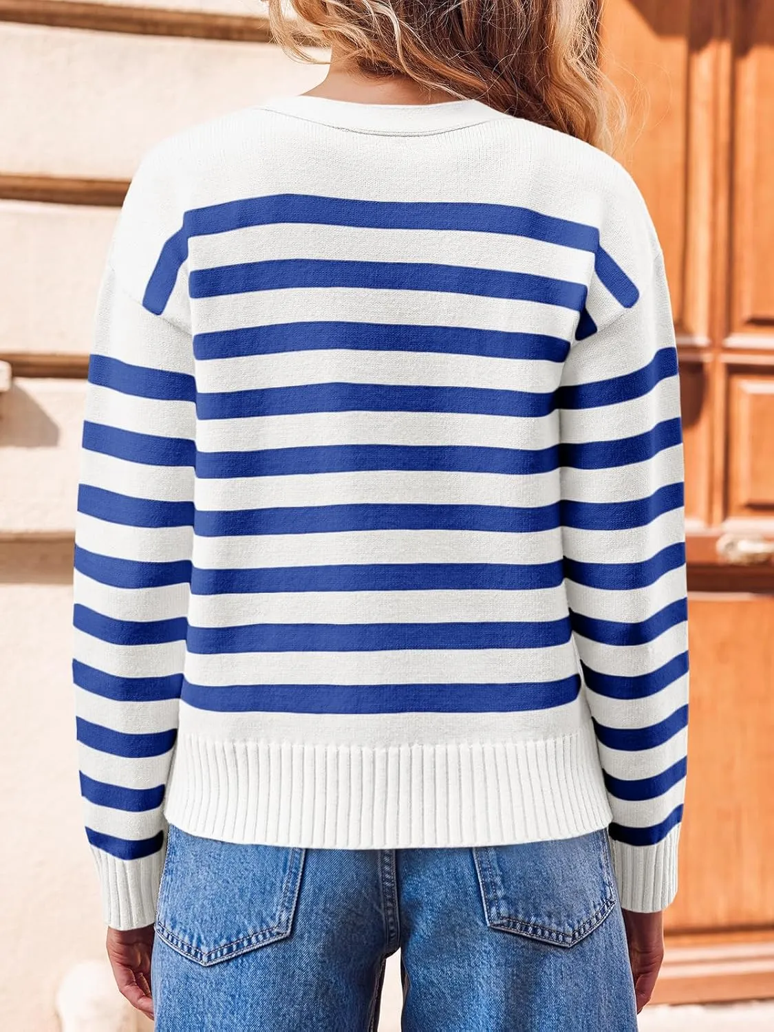 Saodimallsu Womens Striped Cardigan Sweaters V Neck Button Down Long Sleeve Open Front Ribbed Knit Outerwear