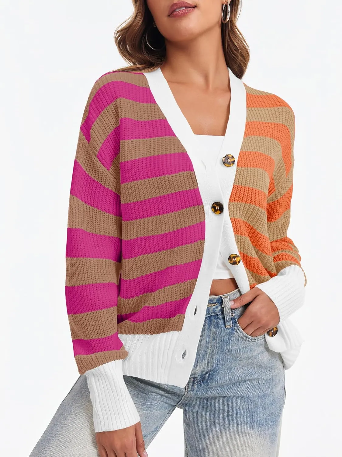Saodimallsu Womens Striped Cardigans Color Block Button V Neck Open Front Ribbed Knit Loose Trendy Sweater Coats