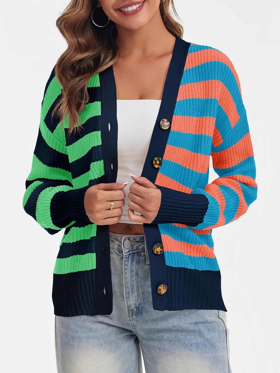 Saodimallsu Womens Striped Cardigans Color Block Button V Neck Open Front Ribbed Knit Loose Trendy Sweater Coats